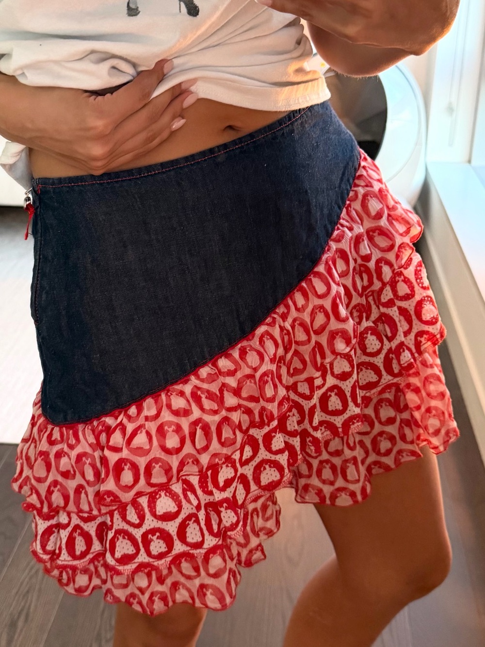 RARE Voyage Passion Denim & Dress Print Ruffle Mini Skirt